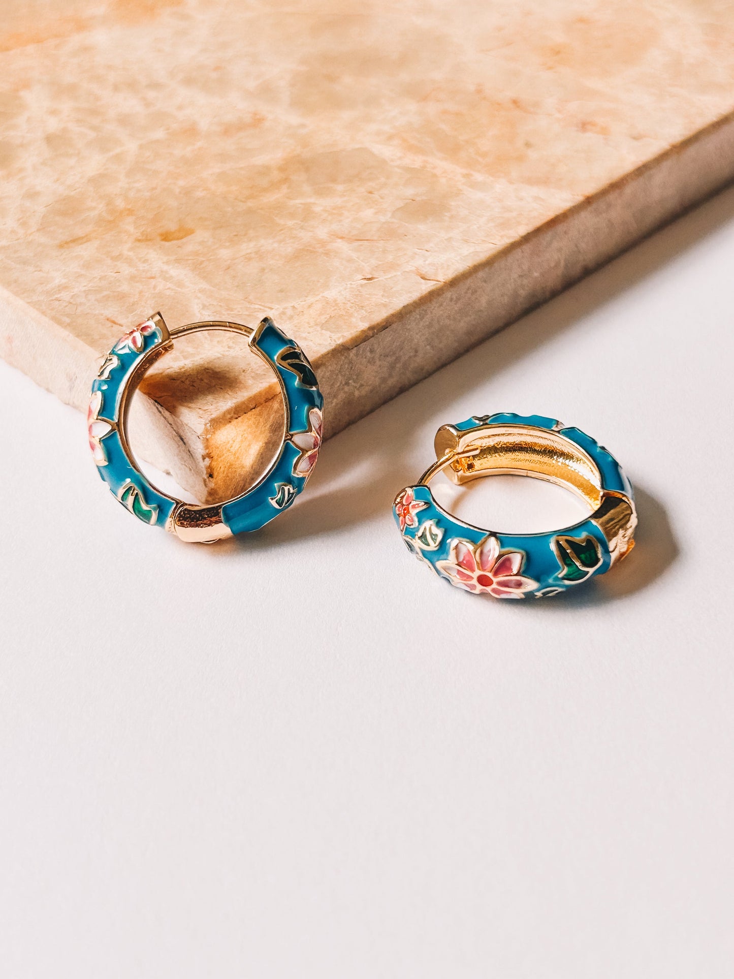 blue cloisonné flower enamel hoops