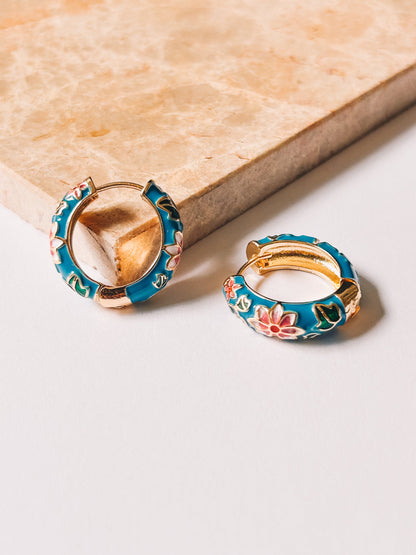 blue cloisonné flower enamel hoops