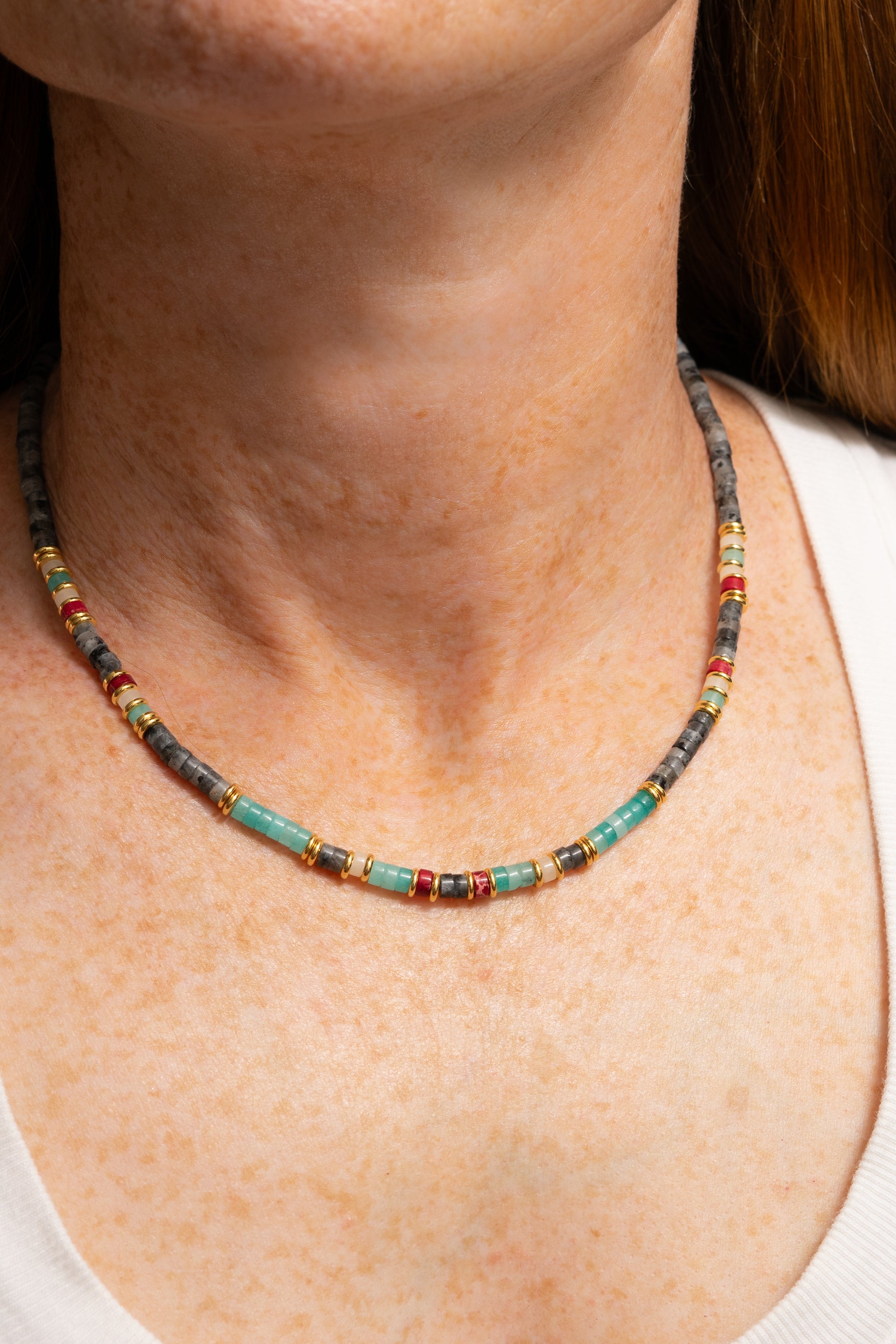 grey and turquoise rondelle necklace on model