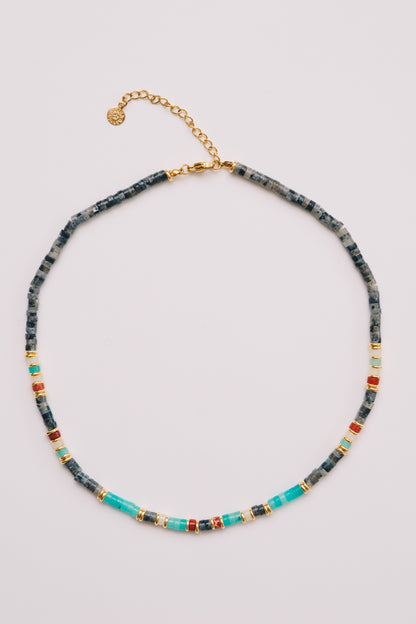 grey and turquoise beaded rondelle necklace on white background