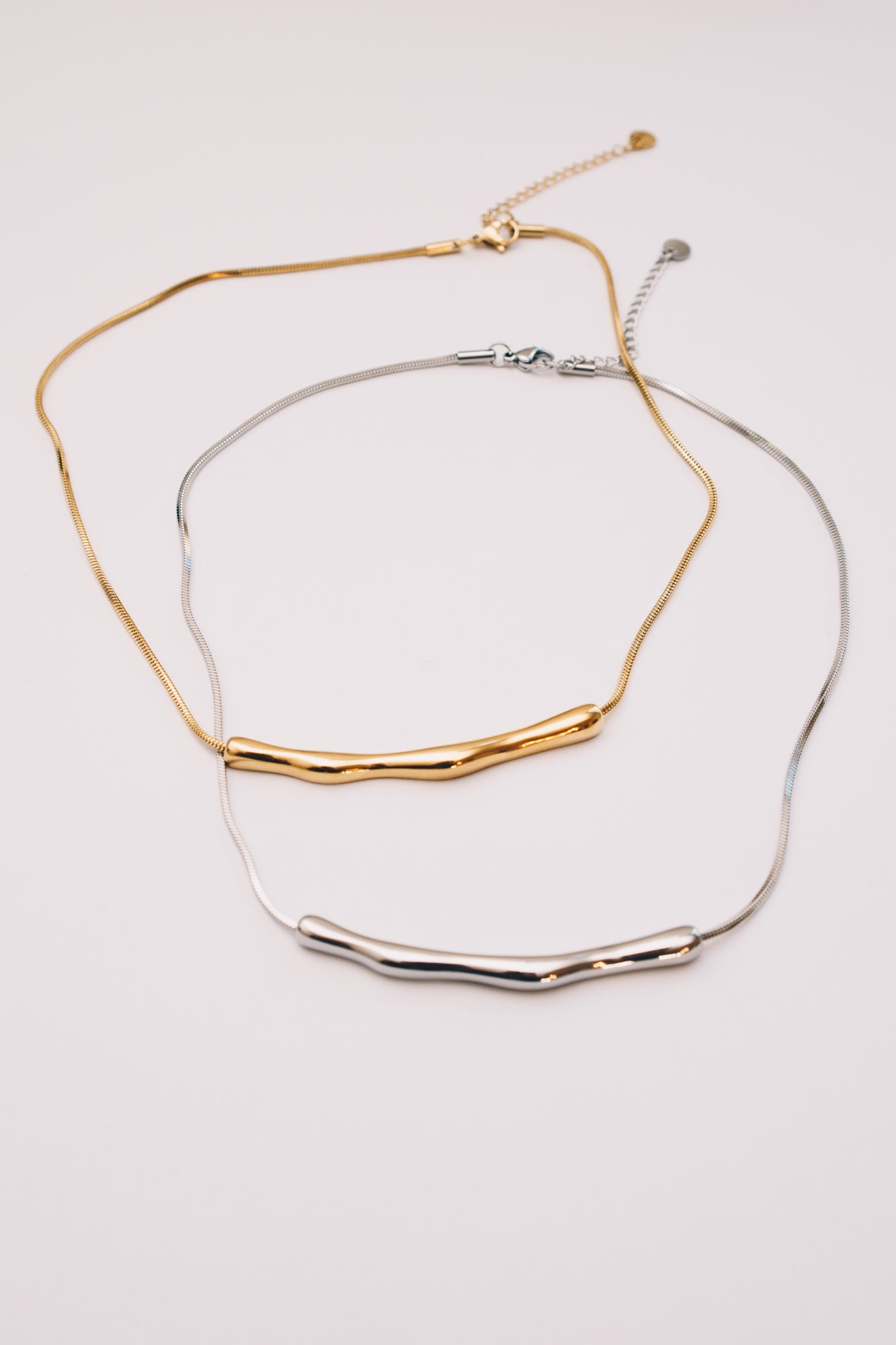 Coulisse Sliding Bar Necklace | Snake Chain | Gold & Steel | Janna Conner