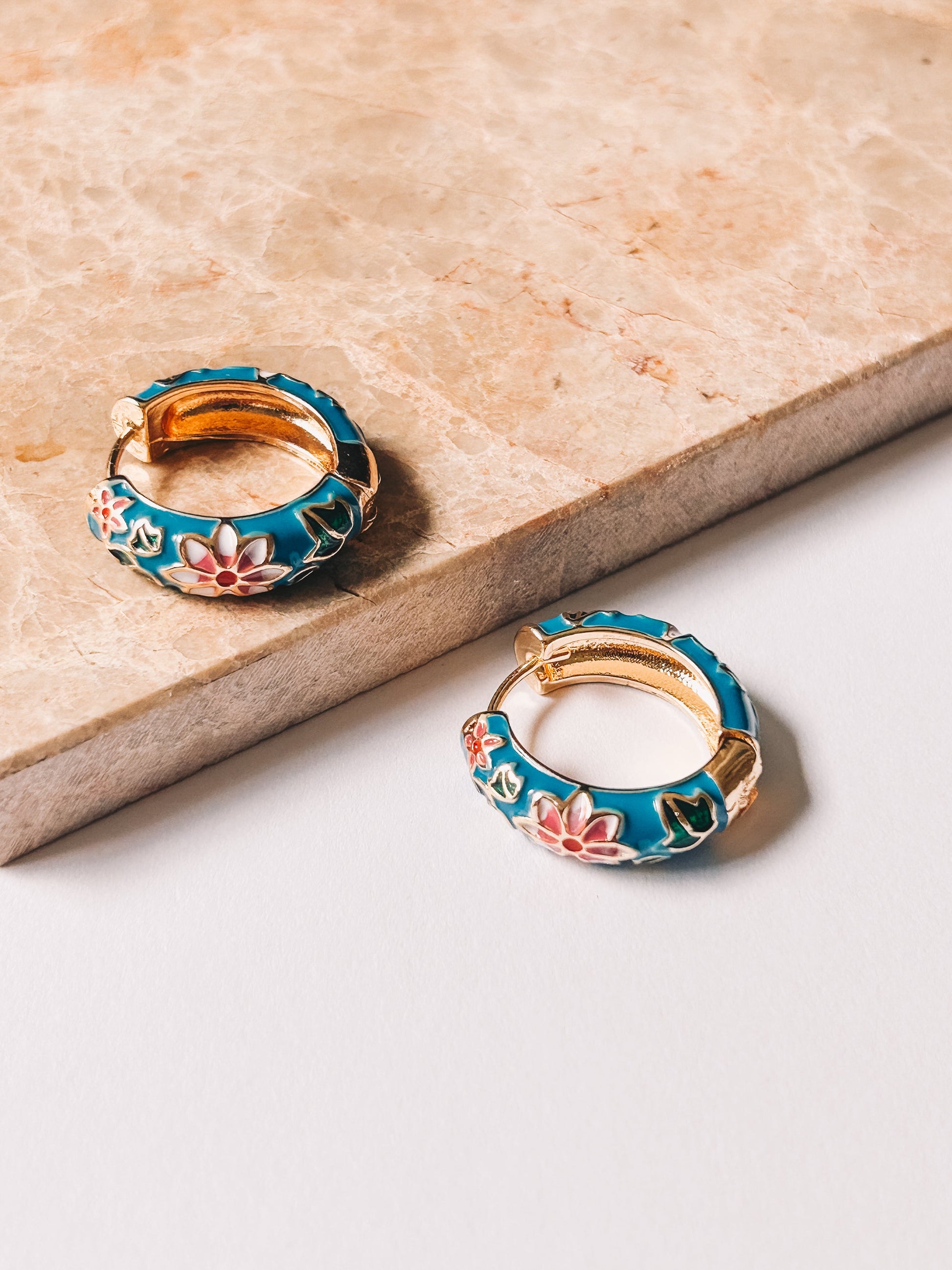 blue cloisonné huggie hoop earrings