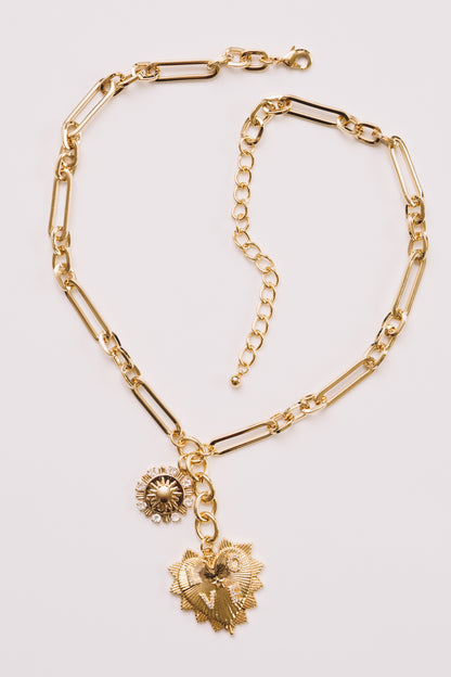 Paperclip Chain Necklace  | Crystal Charms, Heart & Sun | 18K Gold Plating