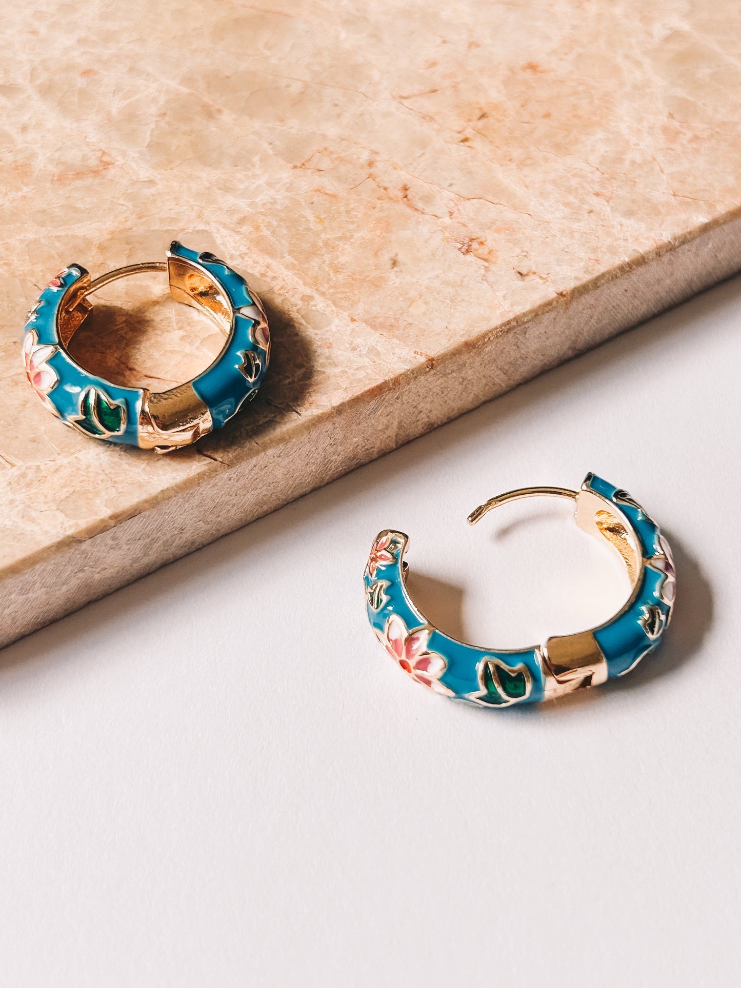 Cloisonné Gold Enamel Flower Hoops | 18K Gold Plating