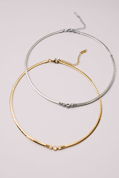 Solin Crystal Omega Necklace | Bezel Set CZ | Gold & Steel | Janna Conner