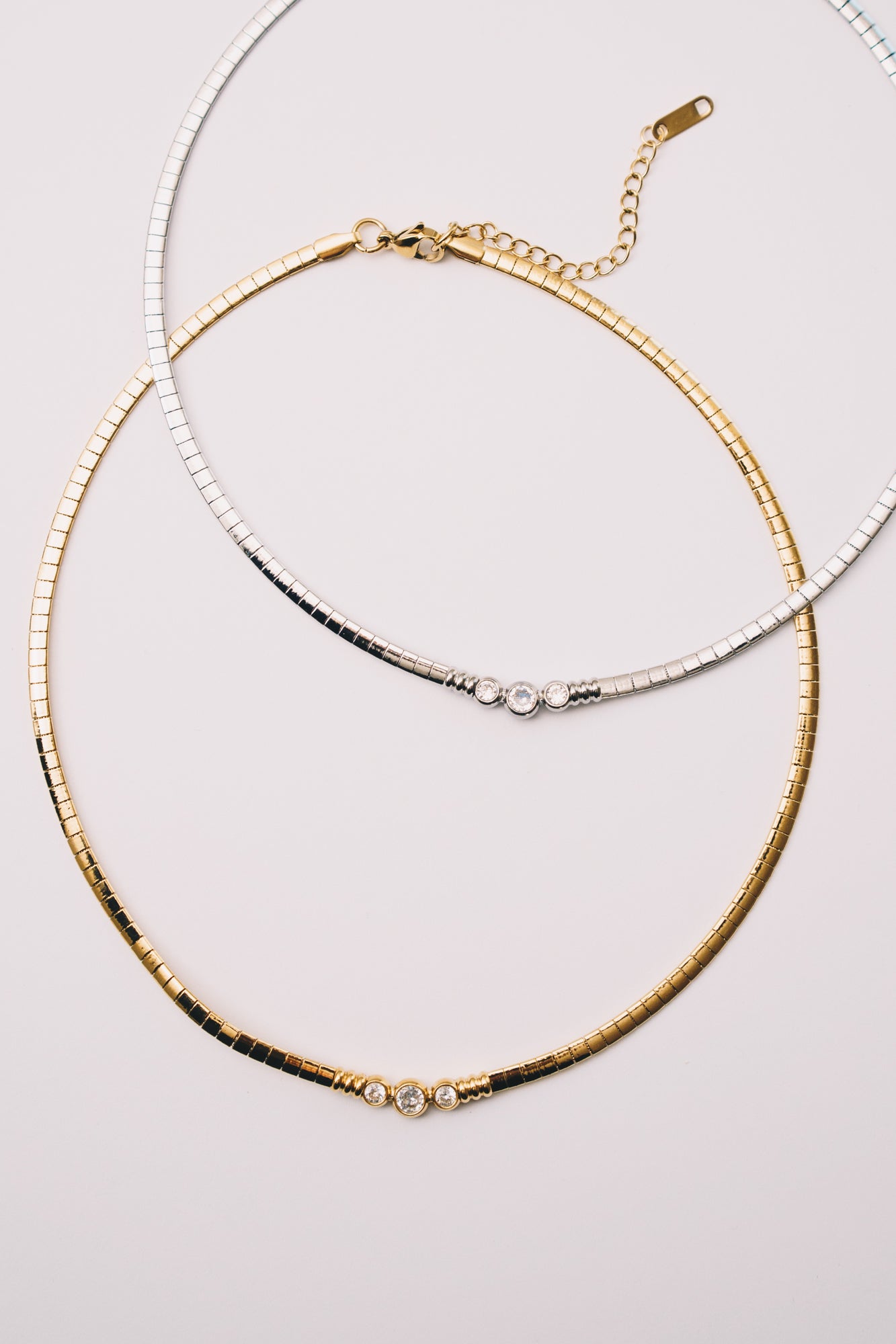Solin Crystal Omega Necklace | Bezel Set CZ | Gold & Steel | Janna Conner
