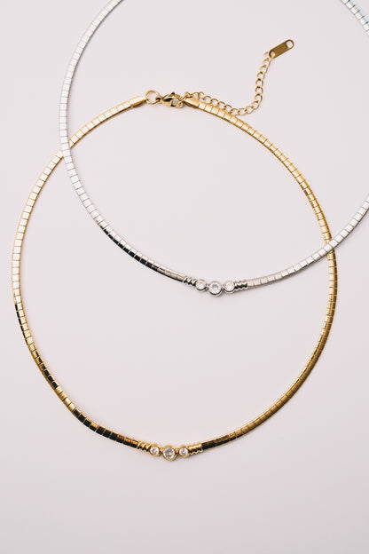 Solin Crystal Omega Necklace | Bezel Set CZ | Gold & Steel | Janna Conner
