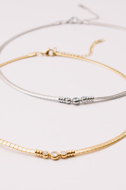 Solin Crystal Omega Necklace | Bezel Set CZ | Gold & Steel | Janna Conner