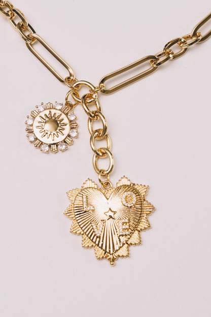Paperclip Chain Necklace  | Crystal Charms, Heart & Sun | 18K Gold Plating