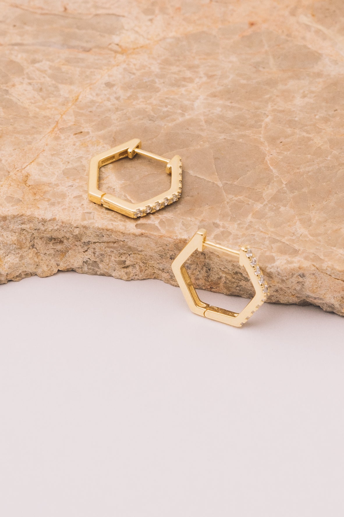 gold hexagon huggie hoops