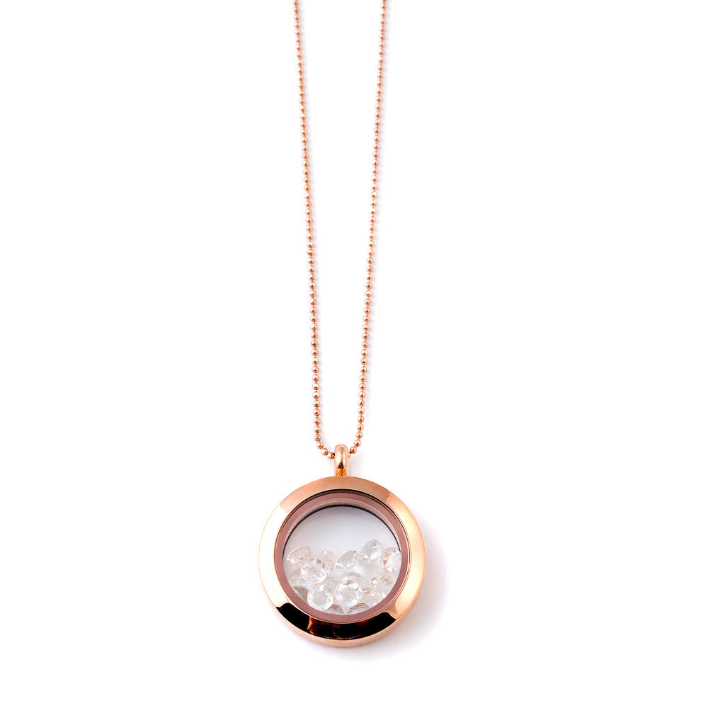 rose gold shaker locket with rose cut white topaz stones