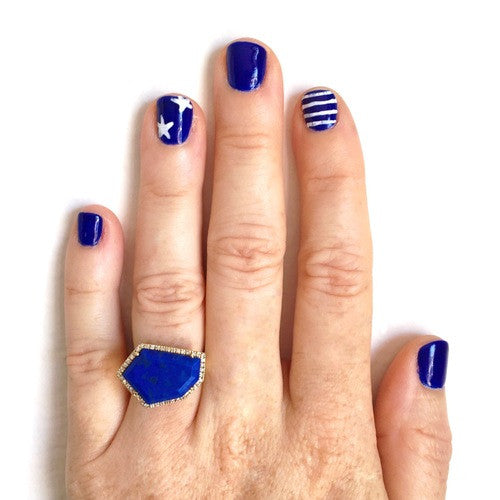 lapis and diamond cocktail ring on hand model by Janna Conner