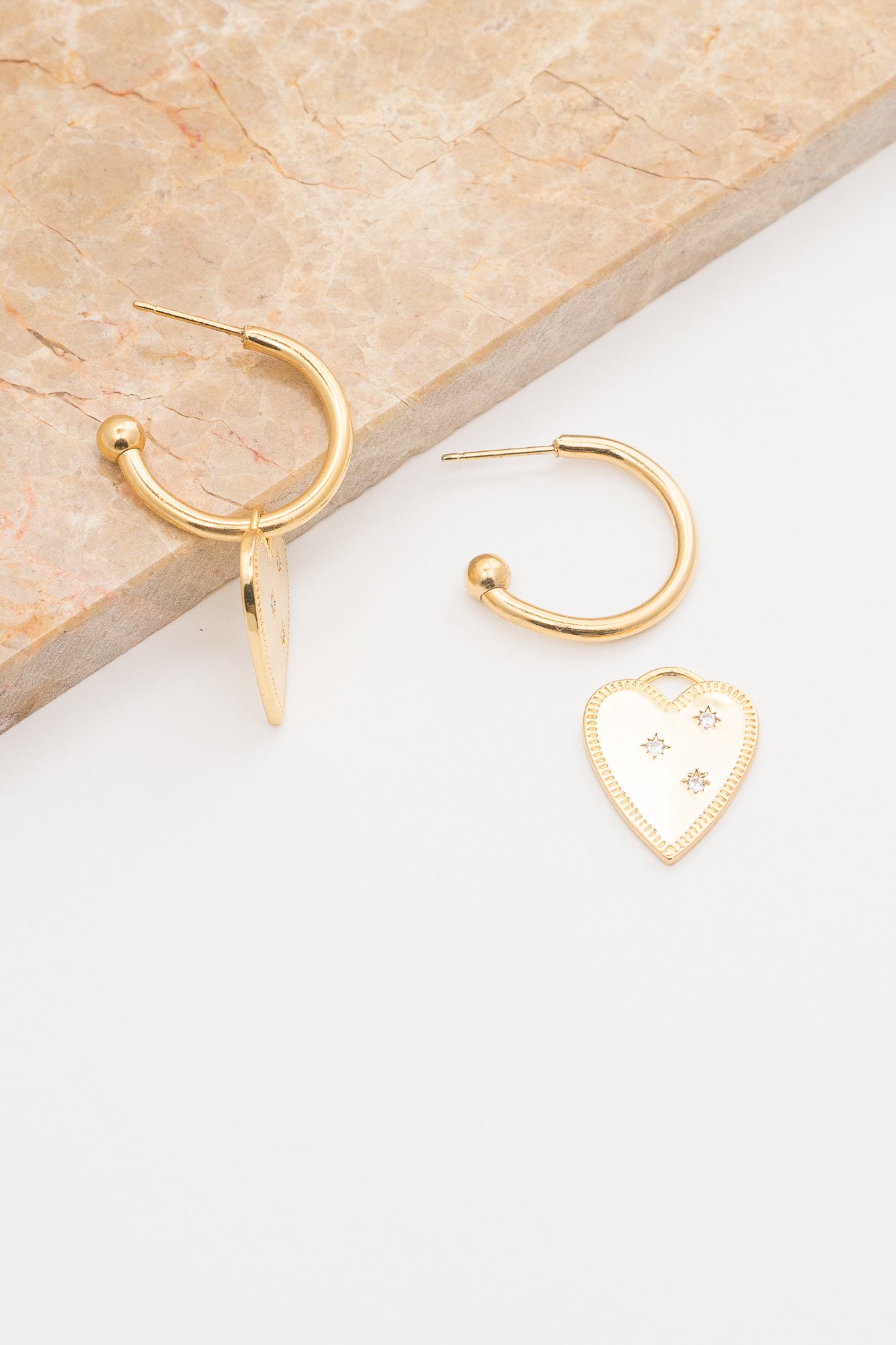 gold heart hoop earrings with detachable heart pendant