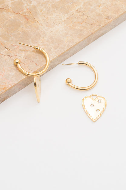 gold heart hoop earrings with detachable heart pendant