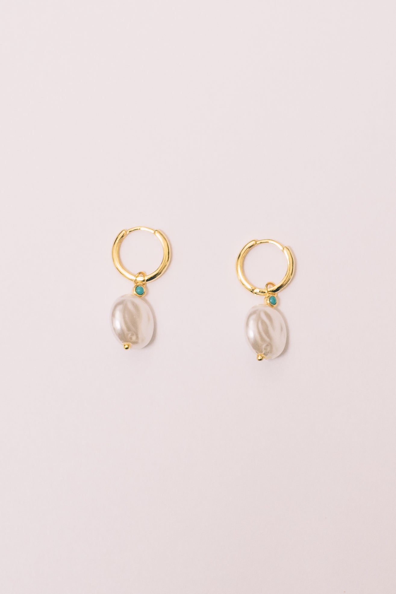 pearl and turquoise huggie hoop earrings product shot