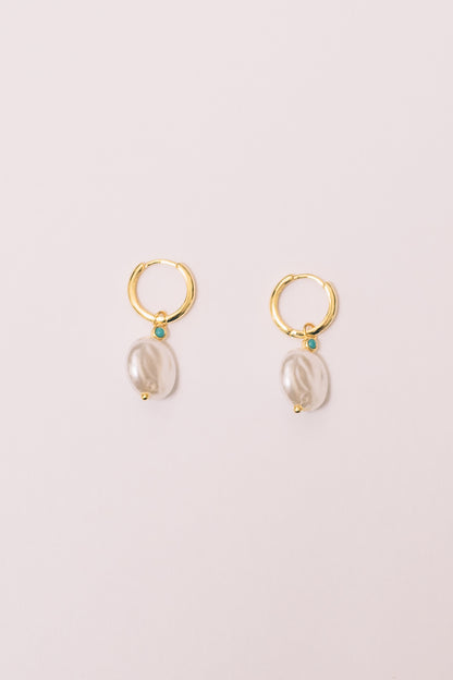 pearl and turquoise huggie hoop earrings product shot