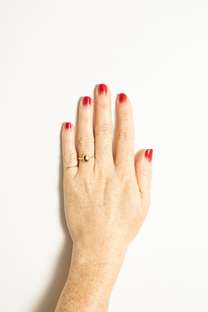gold signet ring on model hand