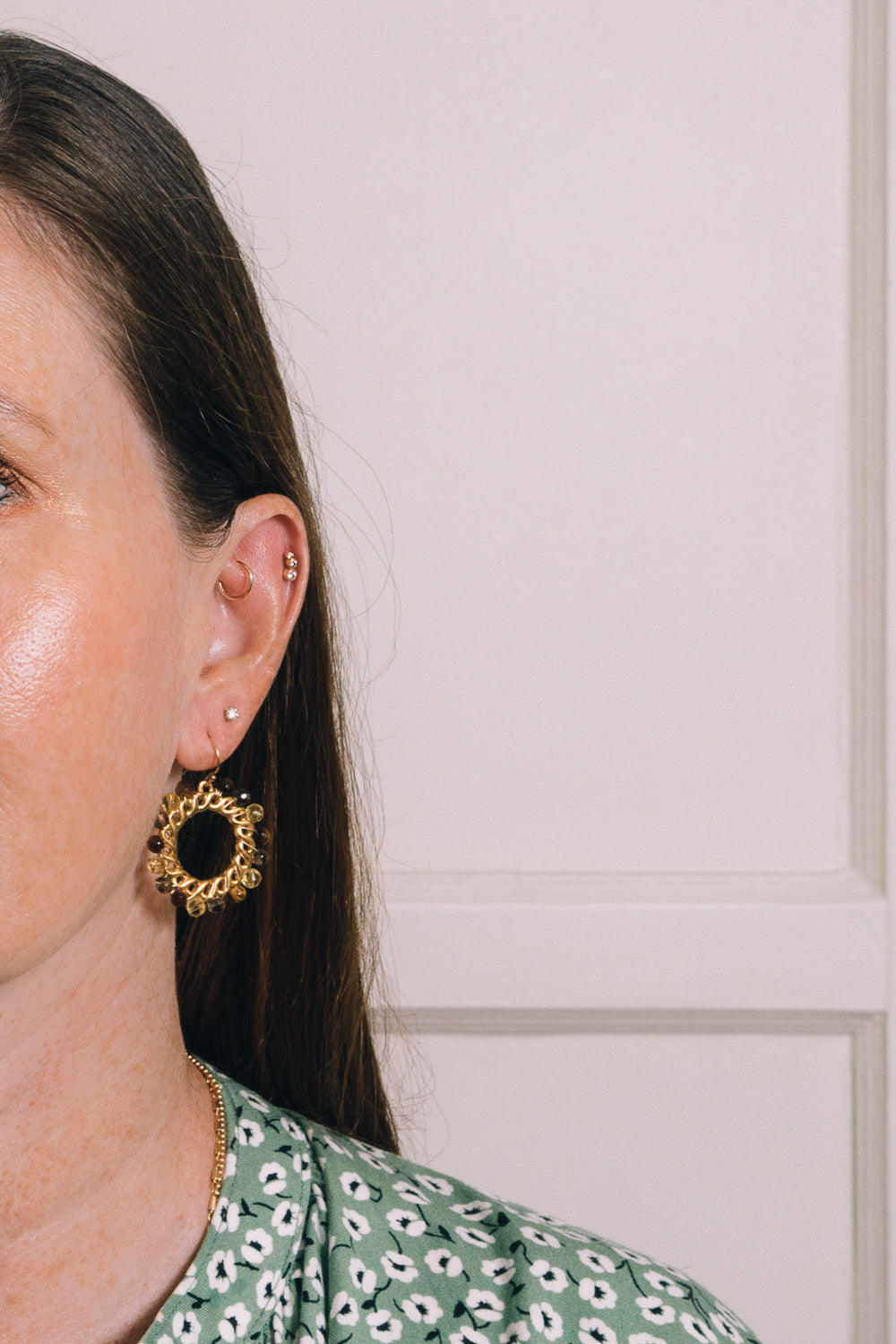 tiger eye beaded earrings wire wrapped stones on model