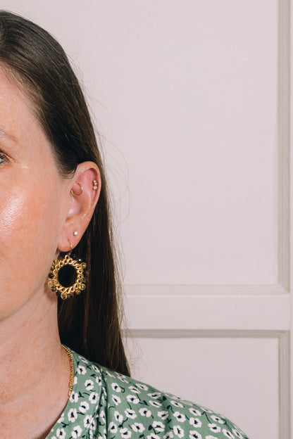 tiger eye beaded earrings wire wrapped stones on model