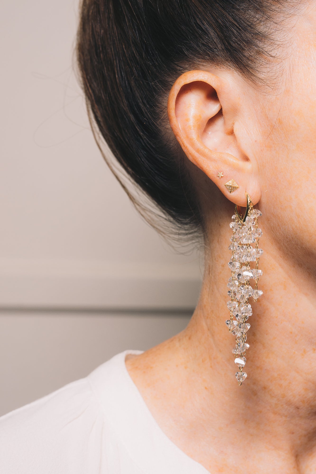 crystal chandelier earrings on model