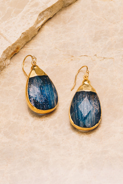 navy goldstone gemstone teardrop earrings