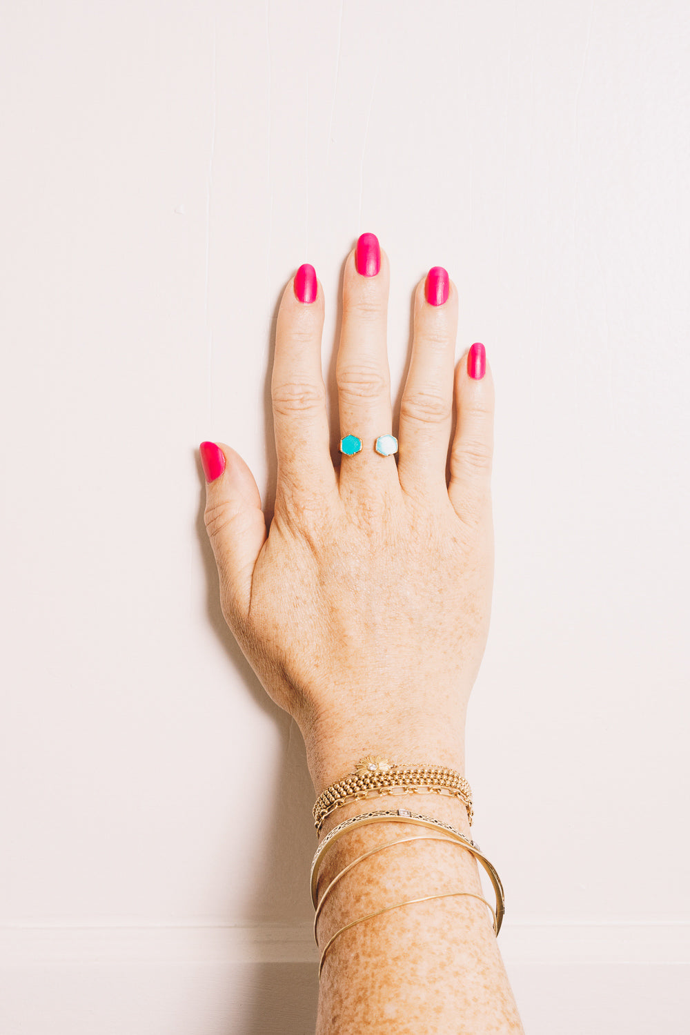 turquoise hexagon stacking ring on hand