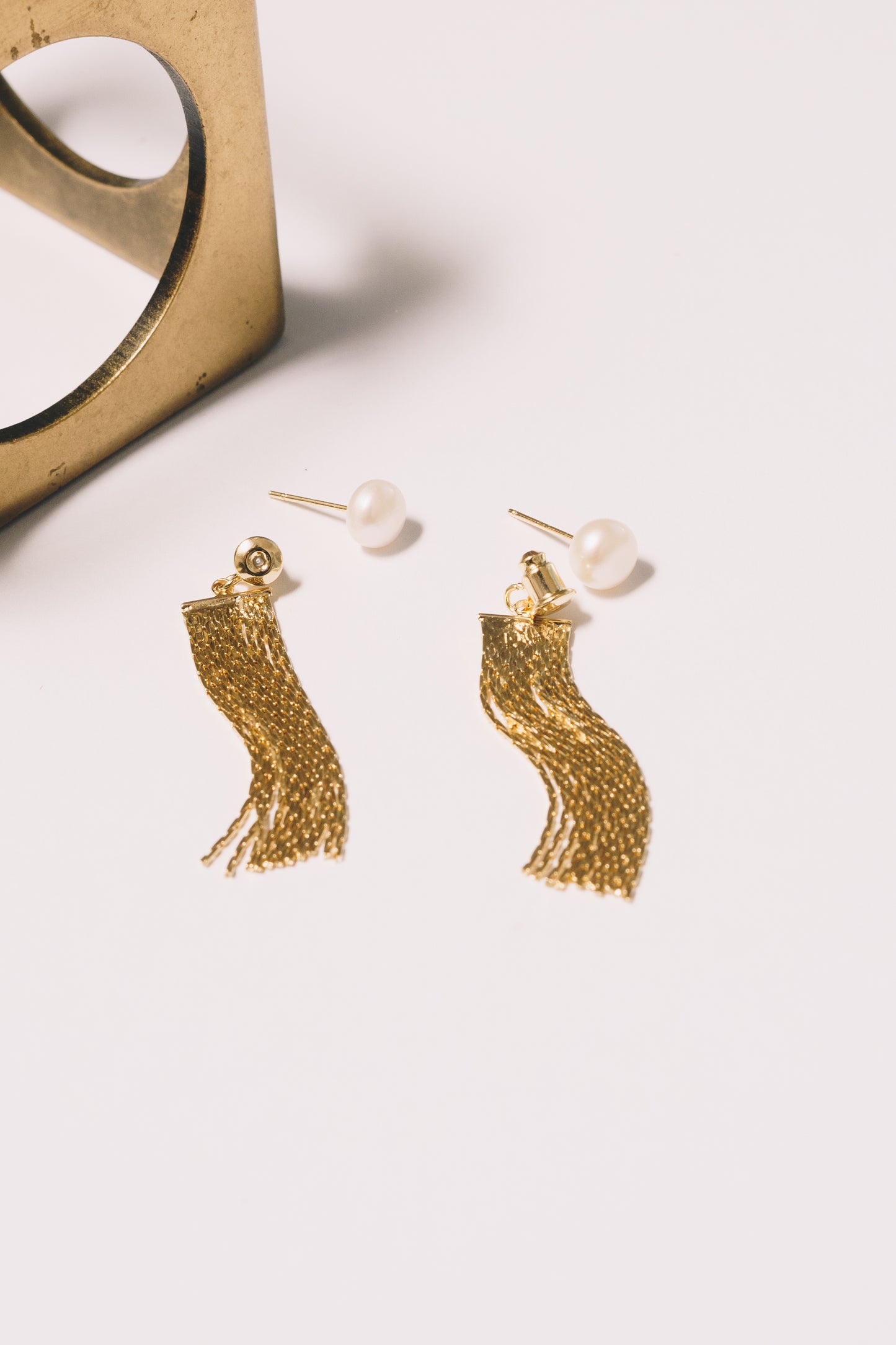 pearl studs with gold tassel earring jackets