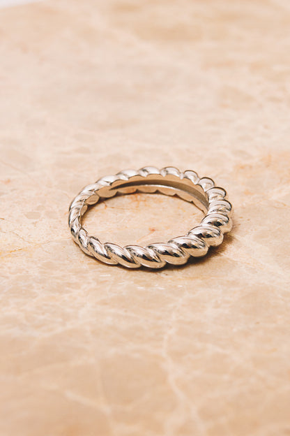 silver croissant stacking ring side view