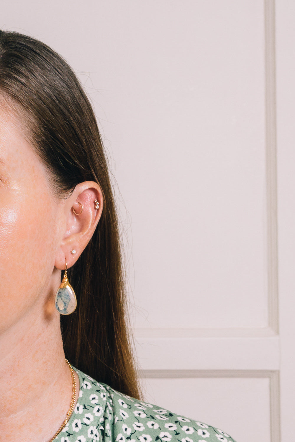 pineapple quartz teardrop earrings on model