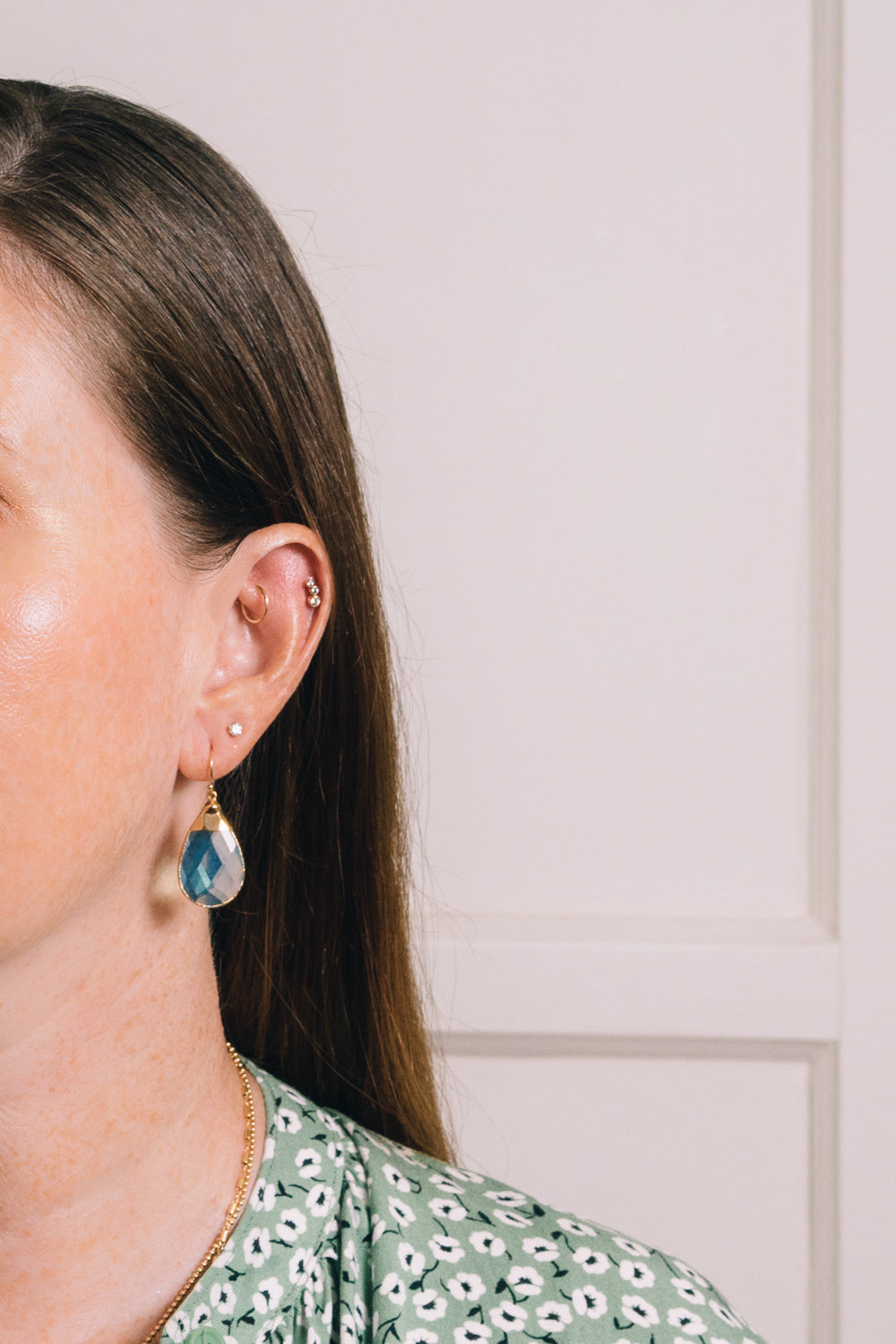 lt blue quartz teardrop earrings on model