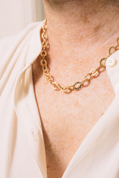 gold hammered chain necklace on model