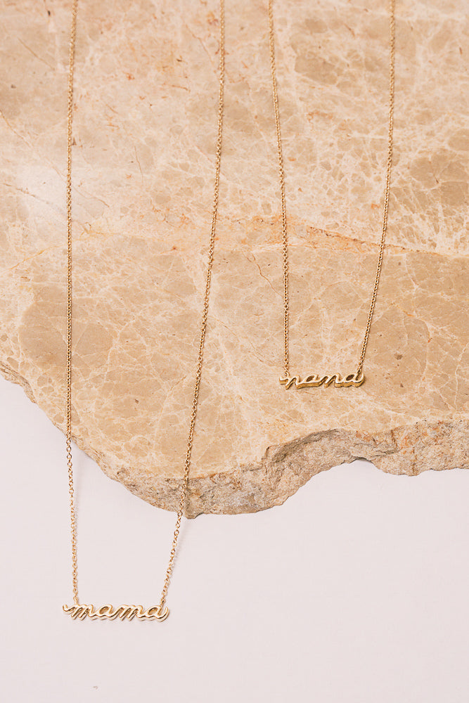 14k gold mama and nana script necklaces