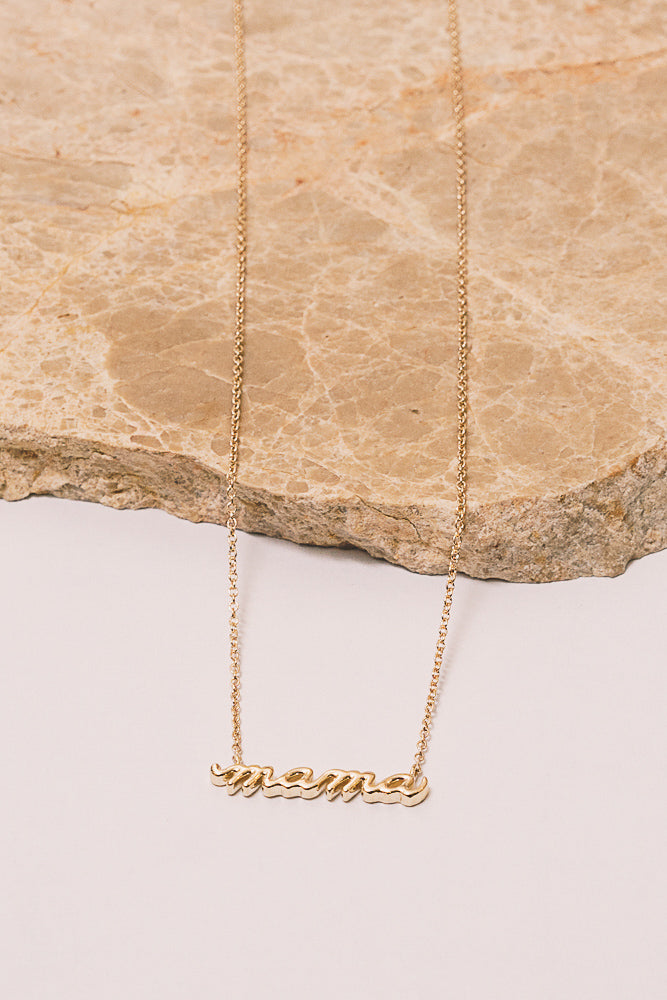 14k gold mama script necklace