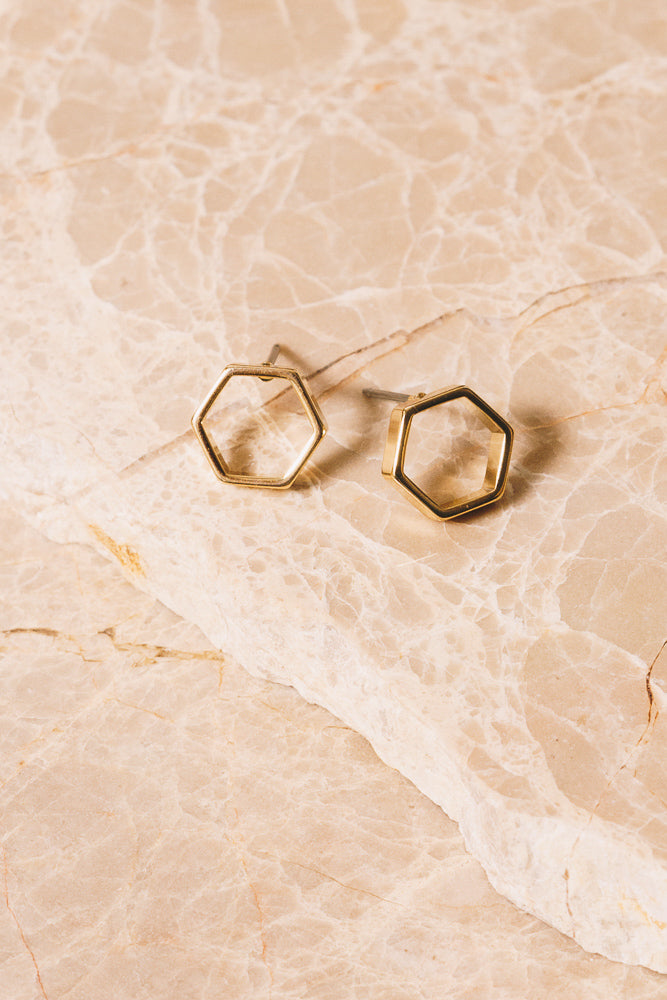 Gold Hexagon Stud Earrings | 18k Gold Plating