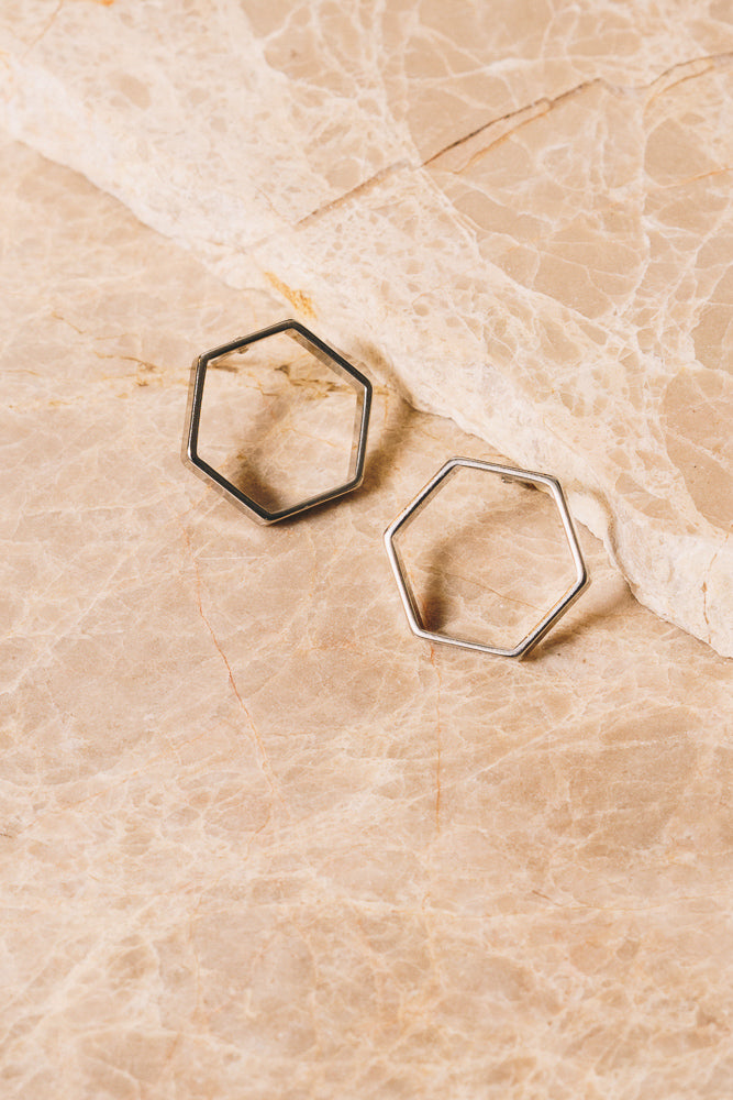 silver hexagon stud earrings front view