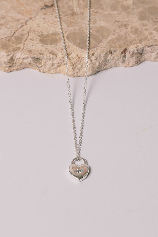 silver heart lock charm necklace with white sapphire