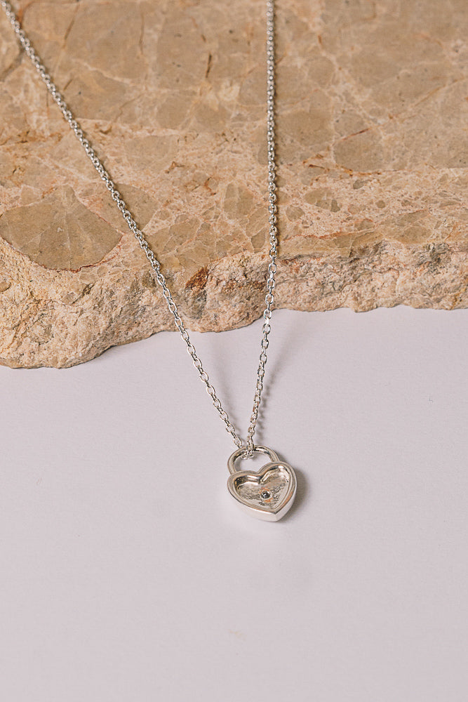 silver heart lock pendant back view