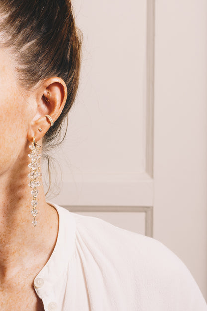 crystal chandelier earrings on model 