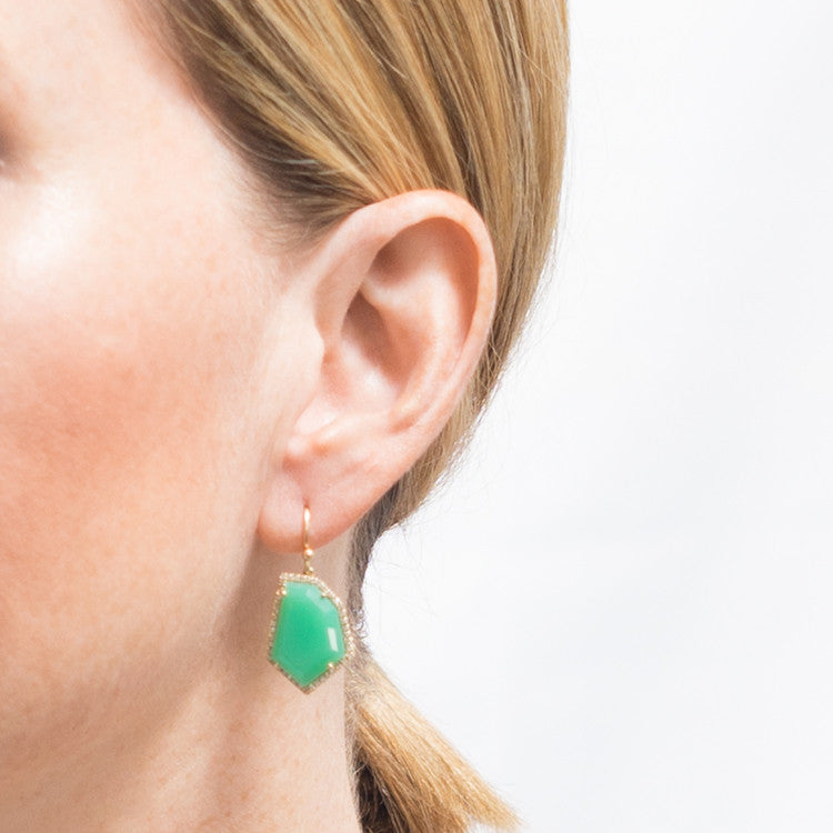 chrysoprase and diamond pave gold earrings Janna Conner on model