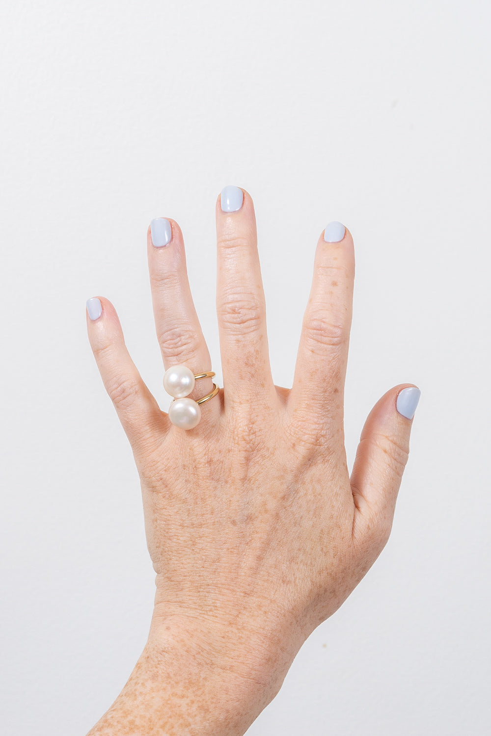 pearl lollipop gold rings 14k janna Conner on model hand
