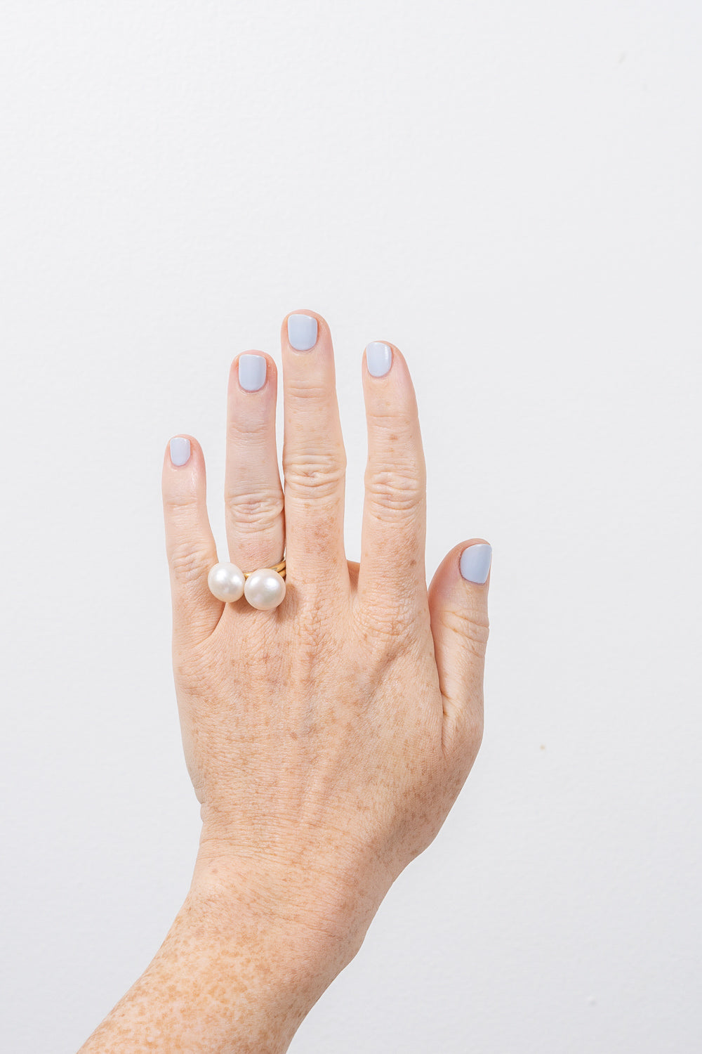 pearl lollipop gold ring 14k janna Conner on model hand
