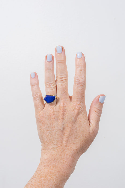lapis and diamond cocktail ring on hand model by Janna Conner