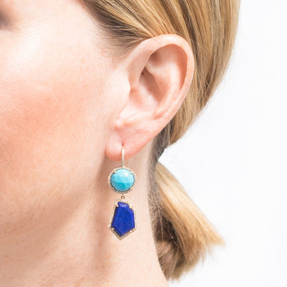 rose cut sleeping beauty turquoise and lapis diamond pave earrings janna Conner on model