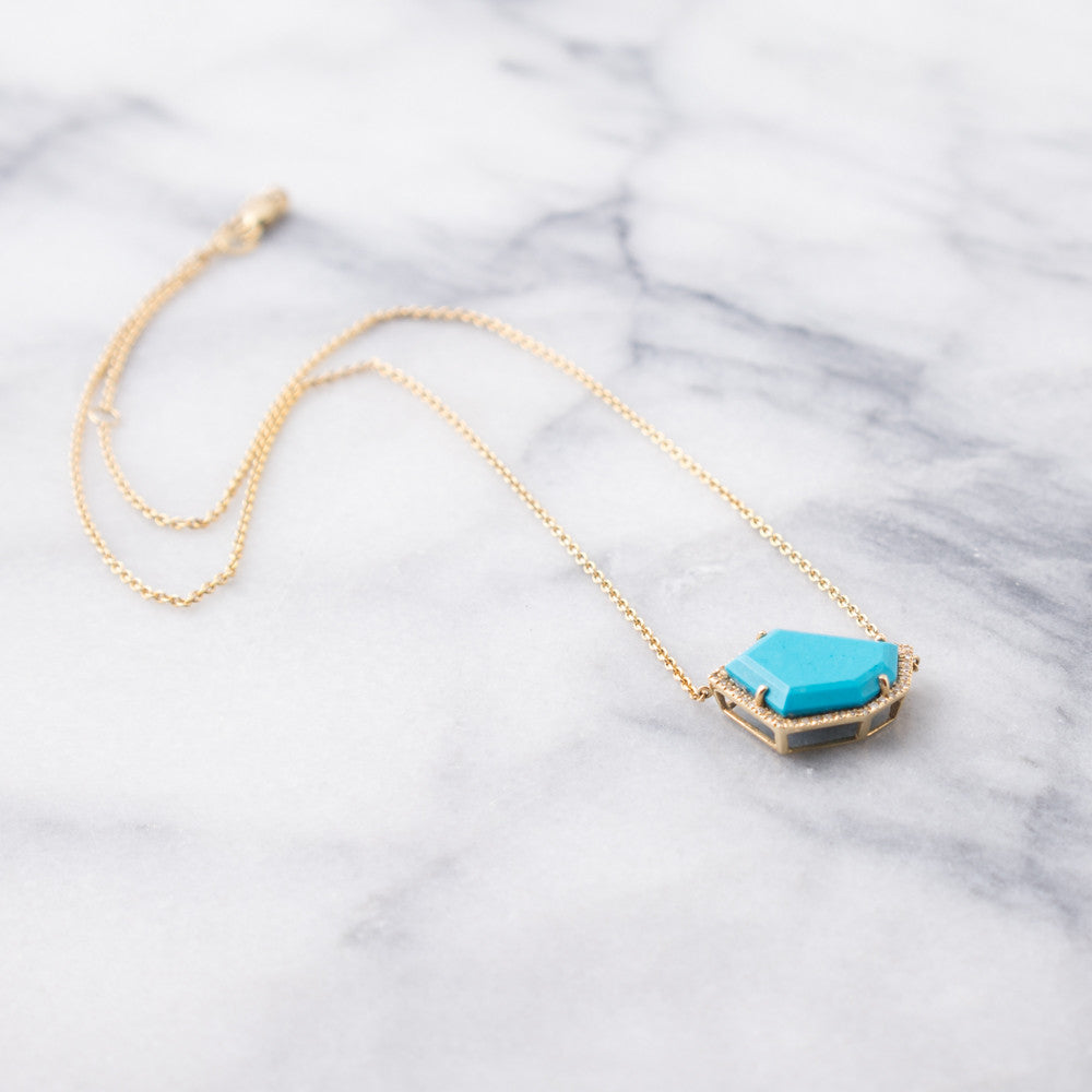 Cubist Necklace | Sleeping Beauty Turquoise and Diamond Pavé |14K Gold