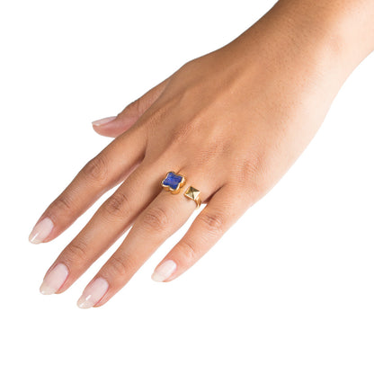 lapis clover gold pyramid open stacking ring on hand