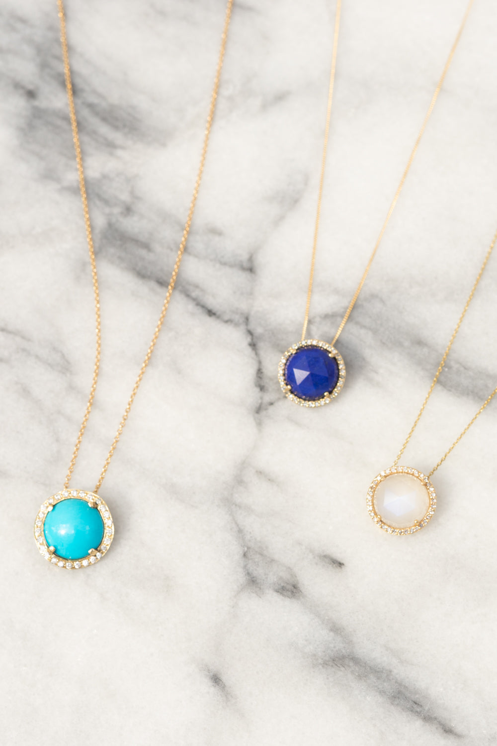 Janna Conner Sleeping Beauty Turquoise, Lapis and Moonstone Necklaces with Diamond Pavé, 14K Yellow Gold