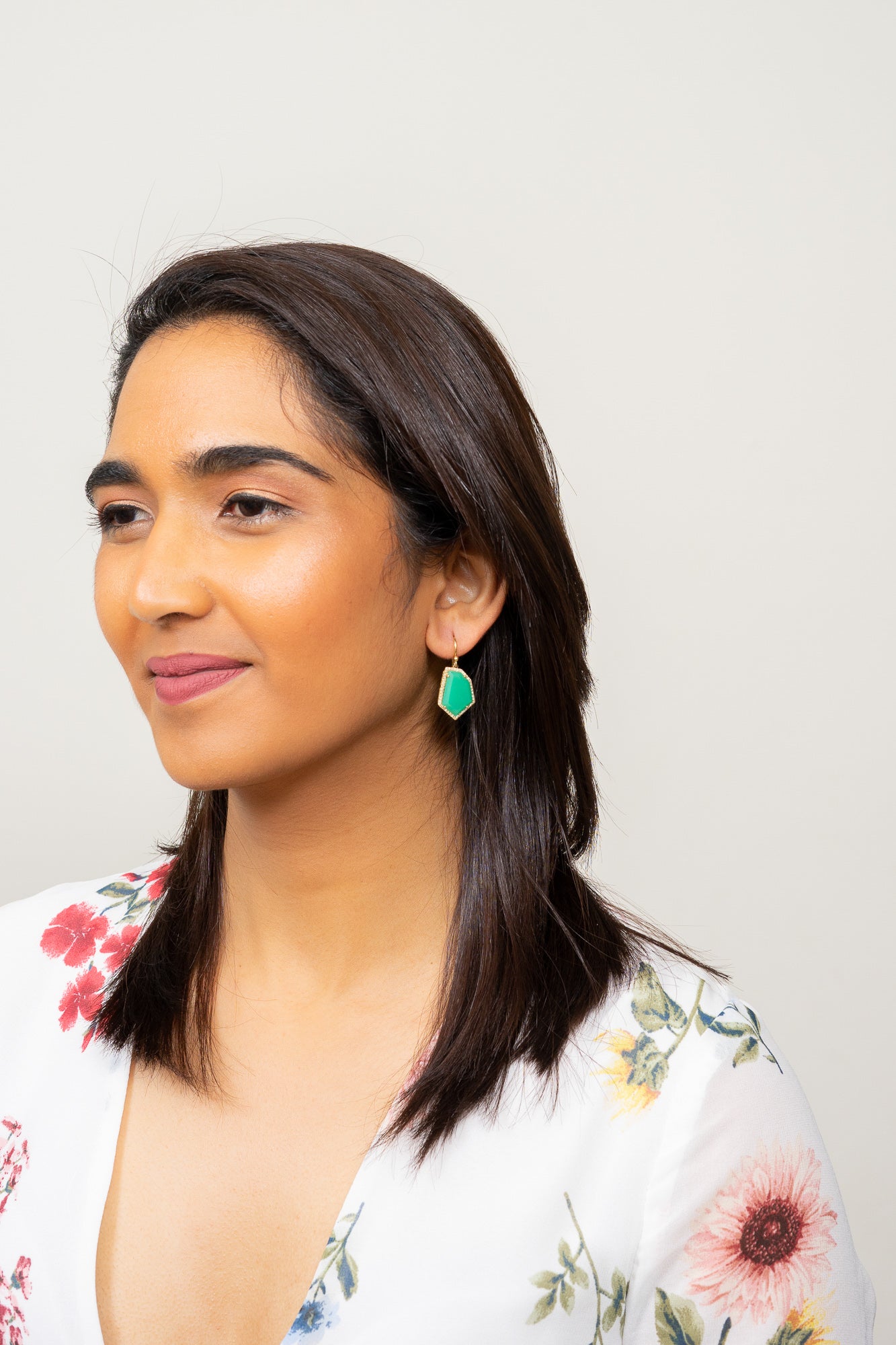 chrysoprase and diamond pave gold earrings Janna Conner on model