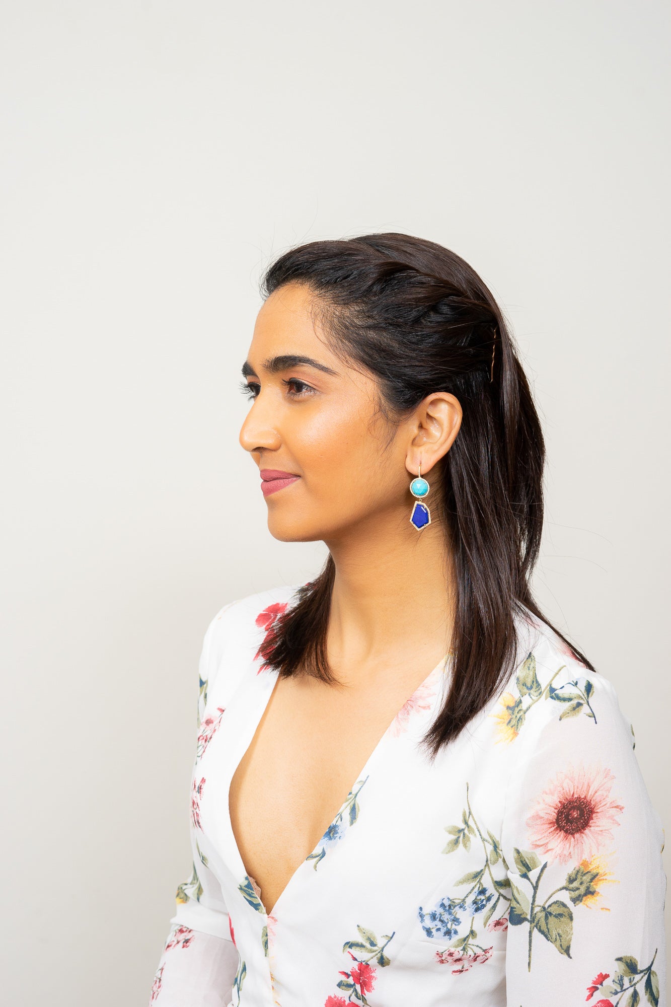 rose cut sleeping beauty turquoise and lapis diamond pave earrings janna Conner on model