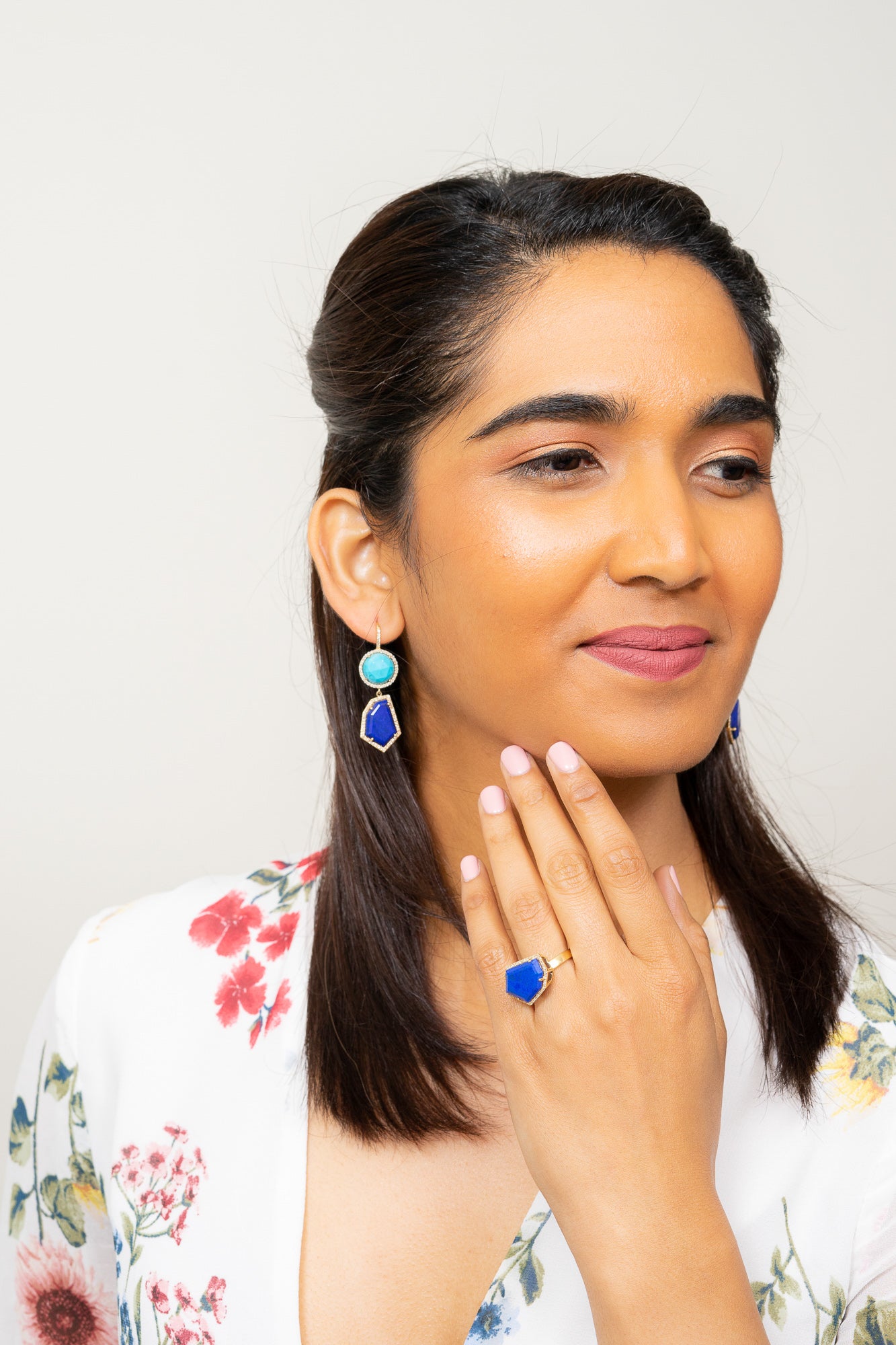 rose cut sleeping beauty turquoise and lapis diamond pave earrings janna Conner on model with lapis cocktail ring