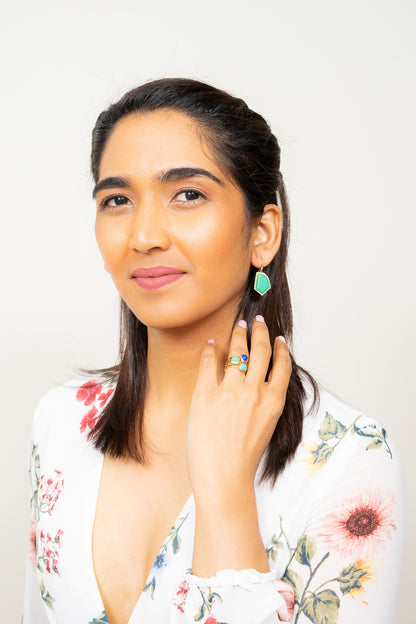 chrysoprase and diamond pave gold earrings Janna Conner on model